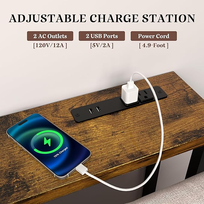 GRLEAF 78" Sofa Table with Built-in Power Strip (4 AC Outlets & 4 USB Ports) – 4.9ft Power Cord, Metal Frame, Easy Assembly, Long Couch Table Behind Sofa, Living Room and Home Office | Rustic Brown