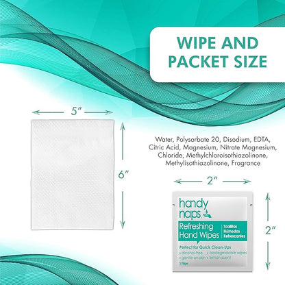 Handynaps Alcohol-Free Hand Wipes With Fresh Lemon Scent, Gentle On The Skin - Box of 100 Individually Wrapped Wipes For Adults and Kids, Travel Essentials