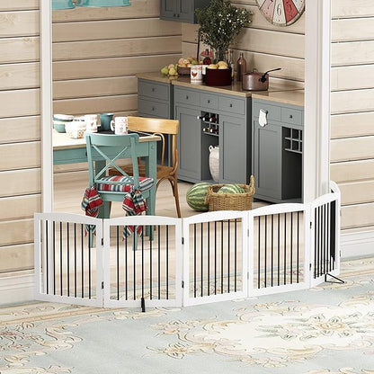 Freestanding Pet Gate for Dogs, Foldable Wooden Dog Gate for House, Extra Wide Indoor Pet Barrier for Stair, Doorway, Hall, Support Feet Included, 120 Inch Wide, 6 Panels 24", White