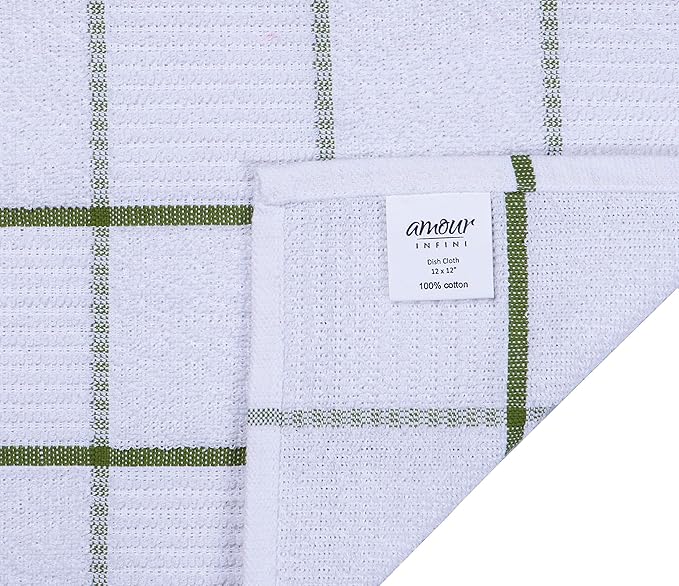 AMOUR INFINI Dish Cloths for Washing Dishes Set of 8 - Highly Absorbent, Super Soft Kitchen Dishcloths - Reusable Quick Dry Dish Rags for Cleaning & Drying Kitchen Linens (12x12 Inch - Green)
