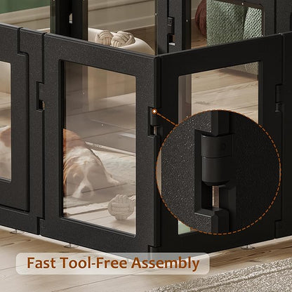 Clear Acrylic Dog Playpen with Door, Puppy Playpen for Indoor Use with Heavy Duty Door Lock, Easy Assemble Pet Pen Fence for Small Dogs and Puppies (Black, 24 in-H, 10 Panel)