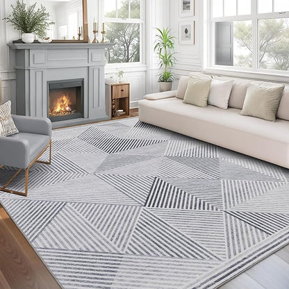 ReaLife Rugs Machine Washable Area Rug Runner - Living Room Bedroom Bathroom Kitchen Entryway Office - Padded Low Pile Stain Resistant Premium - Modern Geometric Contemporary - Miles - Gray 3' x 5'