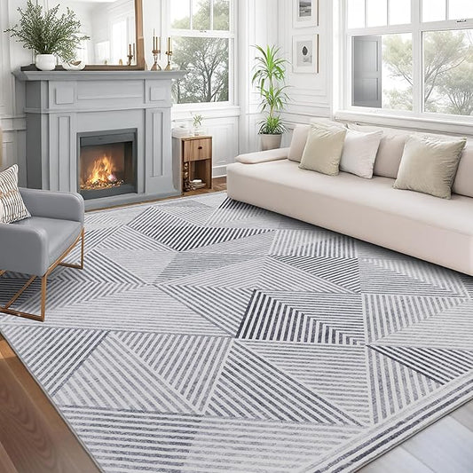 ReaLife Rugs Machine Washable Area Rug Runner - Living Room Bedroom Bathroom Kitchen Entryway Office - Padded Low Pile Stain Resistant Premium - Modern Geometric Contemporary - Miles - Gray 3' x 5'