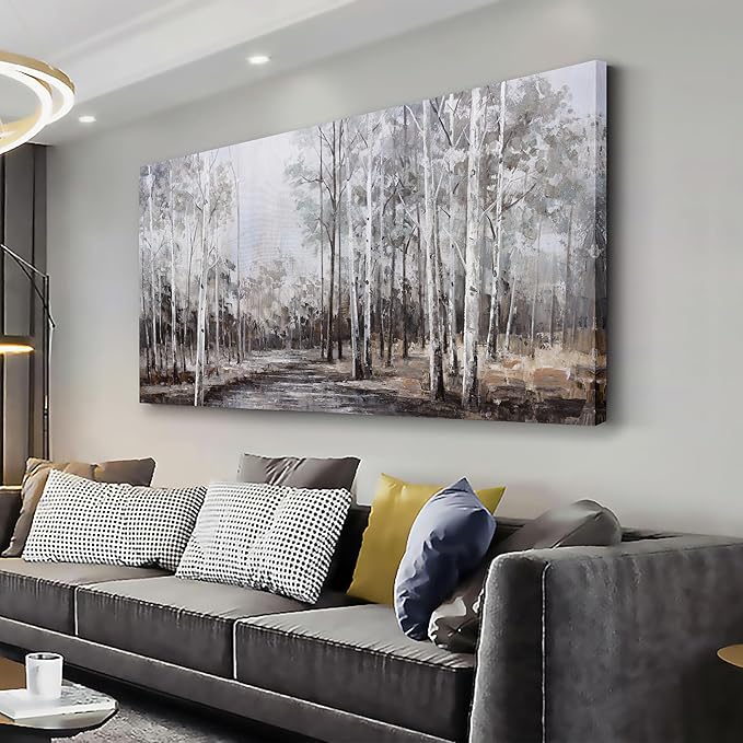 White Birch Tree Wall Art Grey Forest Painting Abstract Canvas Art Landscape Panoramic Picture Nature Artwork Framed for Living Room Bedroom Dinning Room Home Office Wall Decor 40"x20"