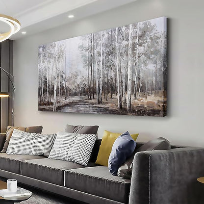 White Birch Tree Wall Art Grey Forest Painting Abstract Canvas Art Landscape Panoramic Picture Nature Artwork Framed for Living Room Bedroom Dinning Room Home Office Wall Decor 40"x20"
