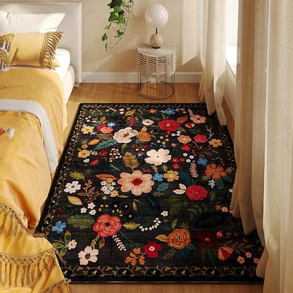 Rugcomf Area Rug 4x6 Rug Washable Boho Rugs Non Slip Low Pile Floral Small Carpet for Bedroom, Bedside, Kids Room, Office, Dining Room(Black)