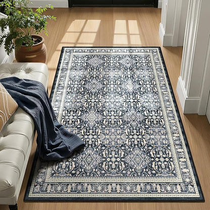 Blue 4x6 Washable Rug, Small Area Rugs for Entryway Kitchen Bathroom with Rubber Backing Non Slip, Floral Trellis Low Pile Thin Throw Carpet Rug for Foyer/Nursery/Home Office/Living Room