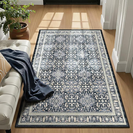 Blue 4x6 Washable Rug, Small Area Rugs for Entryway Kitchen Bathroom with Rubber Backing Non Slip, Floral Trellis Low Pile Thin Throw Carpet Rug for Foyer/Nursery/Home Office/Living Room