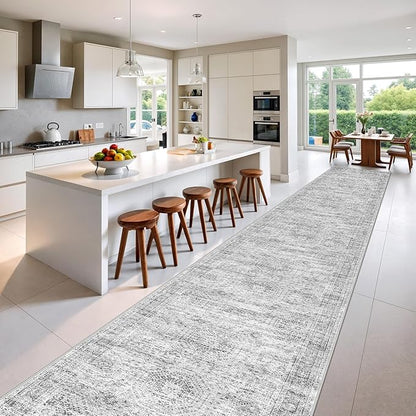 Washable Runner Rug 2.5x14, Non-Slip Long Hallway Runner for Entryway, Soft Vintage Kitchen Mats for Floor, Abstract Dining Room, Bedroom, Living Room Rugs(2.5'x14', Grey/Ivory)
