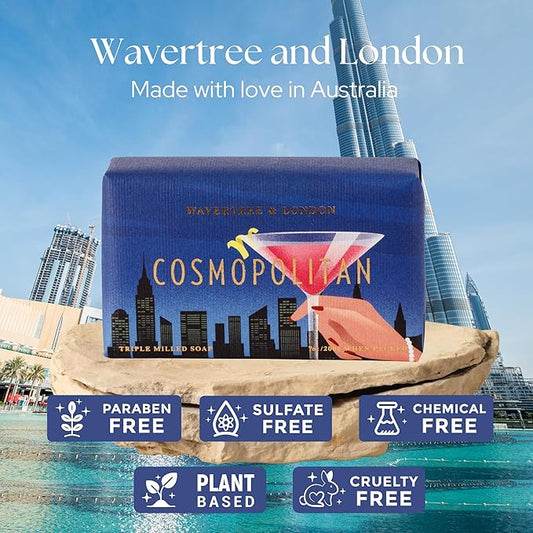 Wavertree & London Cosmopolitan Scented Natural Soap Bar, 7oz Moisturizing French Triple Milled Soap Bar for Women & Men Enriched with Organic Shea Butter, Pure Bath & Body Soap (1 Bar)