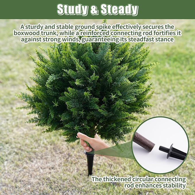 Artificial Cypress, 27.55'' Topiary Trees Artificial Outdoor, Faux Cedar Shurbs with Ground Spike, UV - Resistant Faux Plants for Outdoor planters, Set of 2 Fake Bushes Front Porch