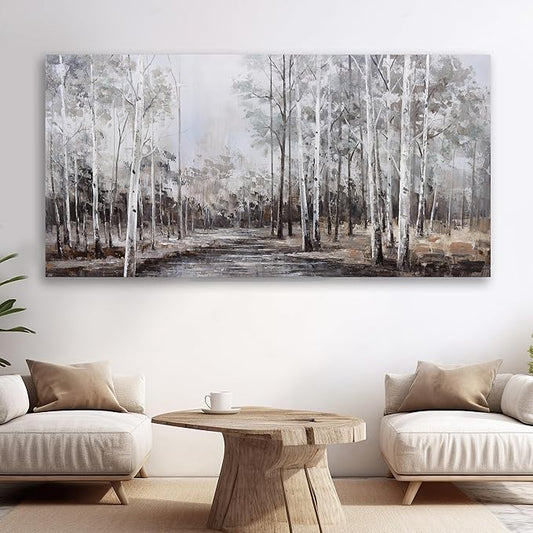 White Birch Tree Wall Art Grey Forest Painting Abstract Canvas Art Landscape Panoramic Picture Nature Artwork Framed for Living Room Bedroom Dinning Room Home Office Wall Decor 59"x28"