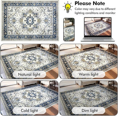 Area Rugs for Living Room 10x14 - Extra Large Machine Washable Vintage Oriental Soft Rug, Low Pile Thin Carpet with Non Slip Backing for Bedroom, Dorm, Dining Room, Indoor House, Office