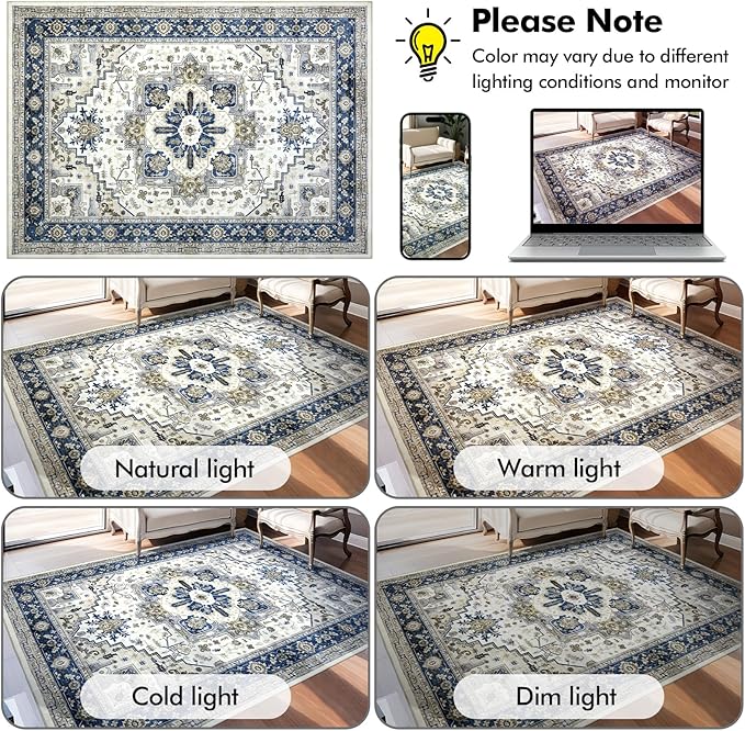 Area Rugs 5x7 - Machine Washable Vintage Oriental Soft Rug, Low Pile Thin Floor Carpet with Non Slip Backing for Living Room, Bedroom,Dorm, Kitchen, Indoor House, Office Rolling Chair