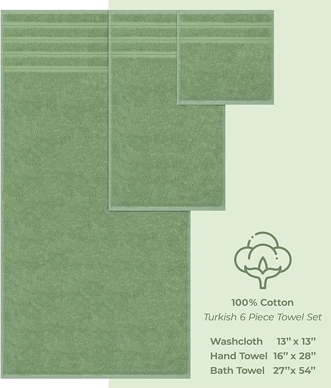 American Soft Linen Luxury 6 Piece Towel Set, 2 Bath Towels 2 Hand Towel 2 Washcloths, 600 GSM 100% Cotton Turkish Towels for Bathroom, Sage Green Towel Sets