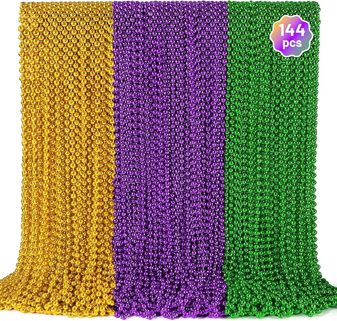 144 PCS Mardi Gras Beads Necklaces, Gold Green Purple Metallic Bead Necklaces 33” Mardi Gras Beads Necklaces Accessories Bulk Party Beads Necklaces for Mardi Gras Party, Throw Beads Party Favors