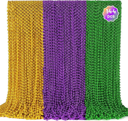144 PCS Mardi Gras Beads Necklaces, Gold Green Purple Metallic Bead Necklaces 33” Mardi Gras Beads Necklaces Accessories Bulk Party Beads Necklaces for Mardi Gras Party, Throw Beads Party Favors