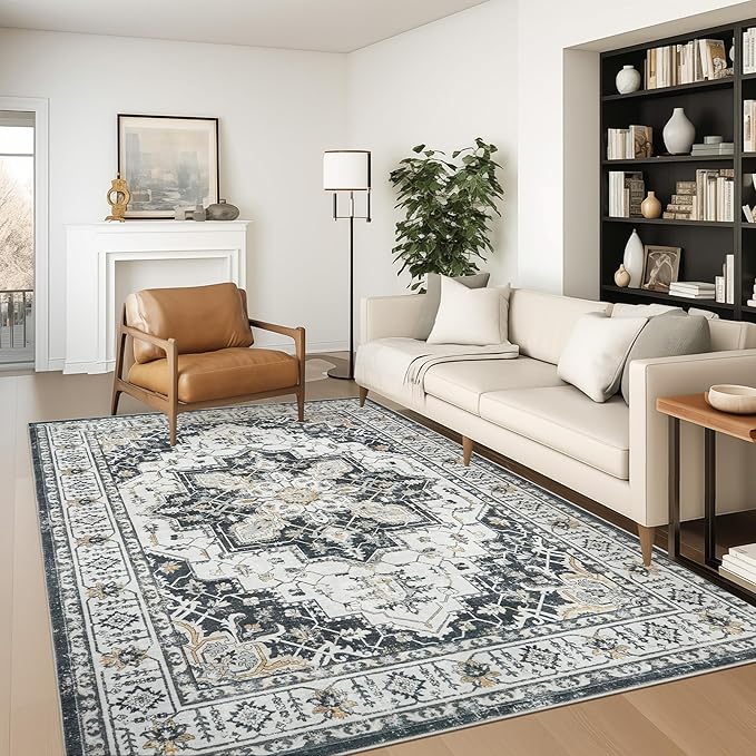 zesthome Washable Rug 6x9 Area Rugs,Stain Resistant Rugs for Living Room,Bedroom,Non-Slip Backing Home Decor Rug, Vintage Medallion Pattern Rugs (Black,6'x9')