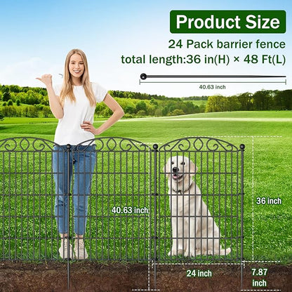 24 Panel Garden Fence - 36 in (H) x 48 ft (L) 23 Panels + 1 Gate, No Dig Rustproof Metal Tall Animal Barrier for Dogs Rabbits, Decorative Outdoor Border for Yard, Patio, and Flower Beds