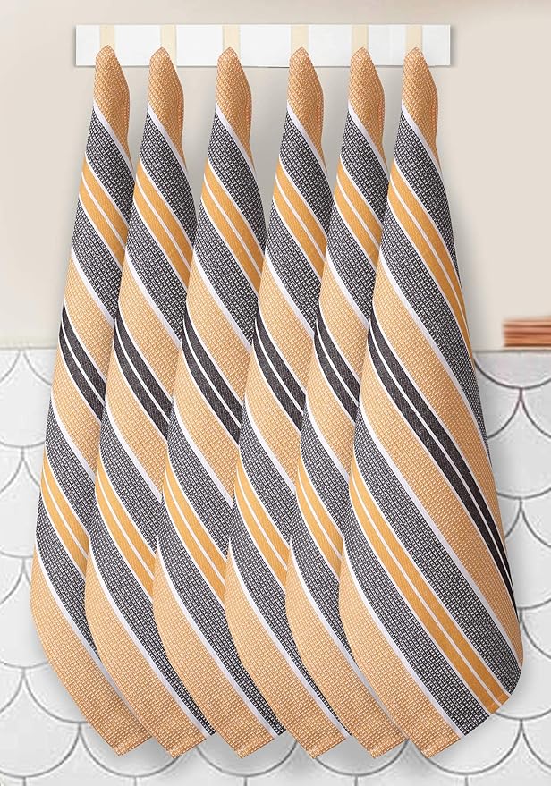 Goroly Home 6 Pack Cotton Vintage Kitchen Dish Towels - Highly Absorbent Quick Dry Professional Grade Cotton Cleaning Towels with Hanging Loop, Honeycomb Pattern - 18x28 Inch - Mustard Brown