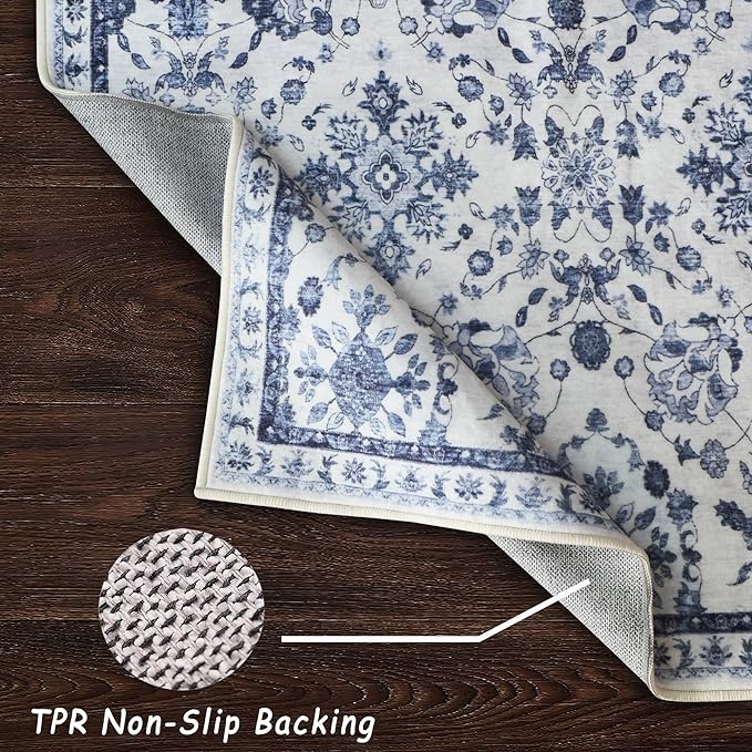 vivorug Runner Rug 2'x8' Vintage Washable Non-Slip Runners for Hallways Kitchen Entryway Laundry Room Carpet Hallway Runner Ivory/Blue