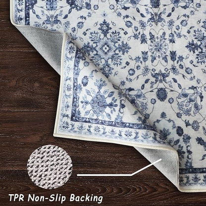 vivorug Runner Rug 2'x8' Vintage Washable Non-Slip Runners for Hallways Kitchen Entryway Laundry Room Carpet Hallway Runner Ivory/Blue