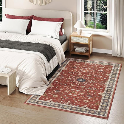 3x5 Area Rug for Entryway, Small Red Boho Washable Rug, Soft Modern Low Pile Indoor Doormat, Carpet for Bedroom Bedside Living Room Bathroom Playroom Kitchen Dining Room Laundry, Red/Gold