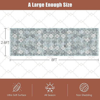 2'6'' x 8' Washable Area Rug - Low Pile Soft Vintage Indoor Rug for Living, Dining or Bedroom - Lightweight Carpet with Non-Slip Backing - Foldable for Easy Placement, Ocean Blue