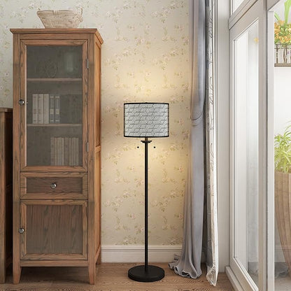 Inlight 59" High Double Shade Pull Chain Modern Floor Lamp for Living Room, Black Metal Frame and White Fabric Shade, Bulb Not Included, IN-0857-2-BK