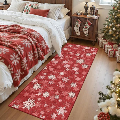 2x5 Christmas Runner Rug for Kitchen, Snowflake Rugs for Bathroom, Washable Hallway Runner with Non-Slip Backing, Soft Red and White Christmas Decor Indoor(2'x5', Red/White)