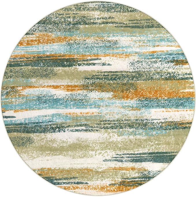 Modern Abstract Round Rug 6Ft, Green Mustard Multi Washable Non-Slip Circle Rug, Soft Circular Dining Room Rug Thin Print Faux Wool Carpet for Bedroom Living Room Office Playroom