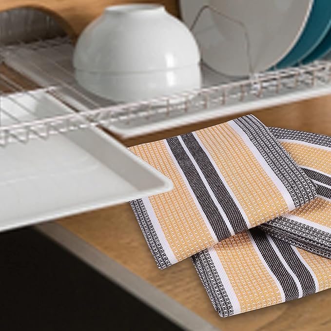 Goroly Home 6 Pack Cotton Vintage Kitchen Dish Towels - Highly Absorbent Quick Dry Professional Grade Cotton Cleaning Towels with Hanging Loop, Honeycomb Pattern - 18x28 Inch - Mustard Brown