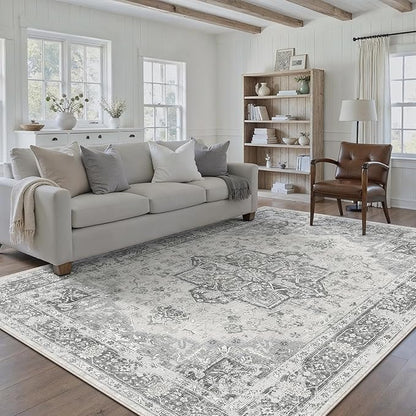 Gray 6x9 Area Rug Washable Vintage Living Room Carpet Non Slip Retro Distressed Low Pile Soft Oriental Medallion Thin Large Grey Throw Rug for Office Bedroom Dining Room Playroom
