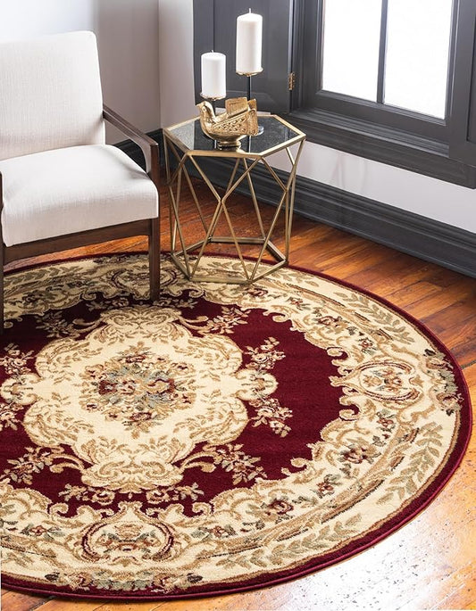 Rugs.com Chateau Collection Rug – 8 Ft Round Red Medium-Pile Rug Perfect for Kitchens, Dining Rooms