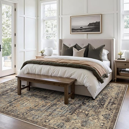 GENIMO Machine Washable 8x10 Area Rugs for Living Room, Non Slip Vintage Rugs, Low Pile Lightweight Chenille Print Rug for Bedroom, Dining Room, Home Office, Tawny Sage