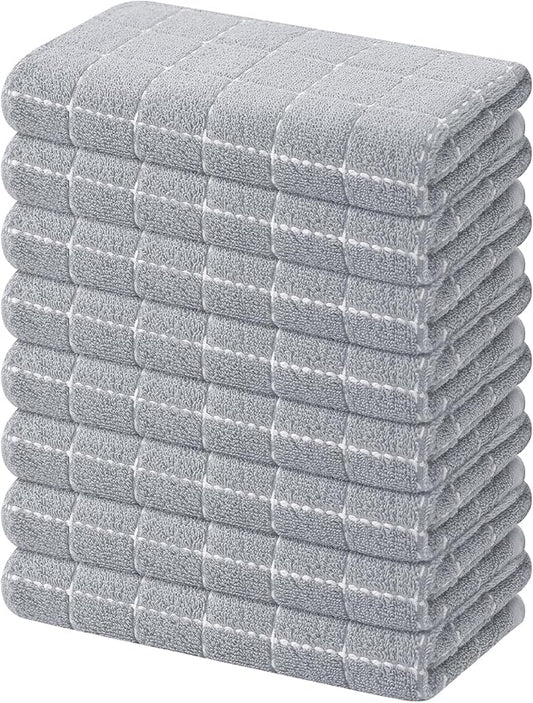 Mordimy 100% Cotton Terry Cloth Kitchen Towels, Super Soft and Absorbent Dish Towels for Drying, Checkered Designed Hand Towels for Kitchen, 16 x 26 Inches, 8 Pack, Light Grey