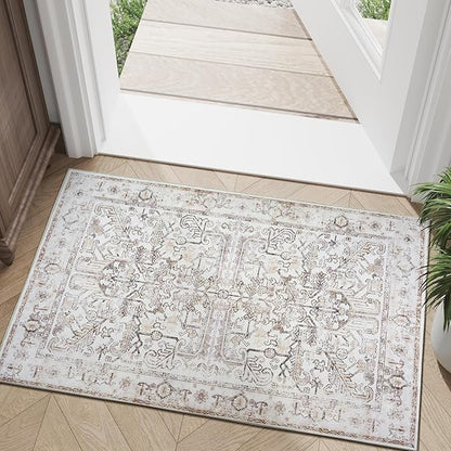 jinchan 2x3 Washable Rug for Entryway - Vintage Floral Ultra-Thin Low Pile Soft Small Non Slip Distressed Indoor Door mat Accent Area Rug for Entrance Kitchen Bathroom Bedroom (2x3ft,Taupe)