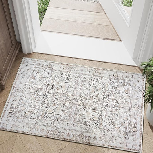 jinchan 2x3 Washable Rug for Entryway - Vintage Floral Ultra-Thin Low Pile Soft Small Non Slip Distressed Indoor Door mat Accent Area Rug for Entrance Kitchen Bathroom Bedroom (2x3ft,Taupe)