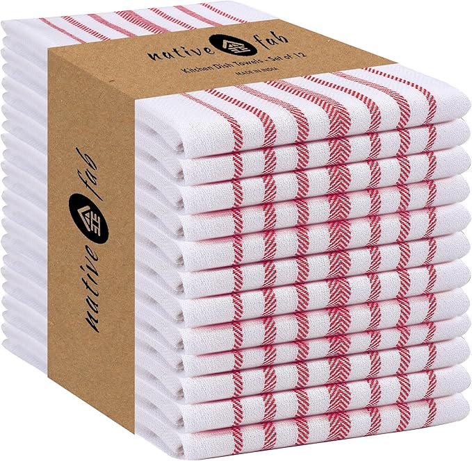 Native Fab 100% Cotton Kitchen Dish Towels 12 Pack Scandia Stripe 16"x26" - Herringbone Weave Tea Towels, Dish Cloths for Drying Dishes, Absorbent Towels Set with Hanging Loop - Red White