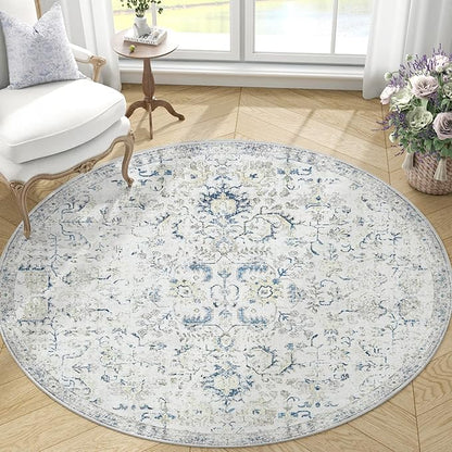 jinchan Round Rug 4ft Area Rug Washable Vintage Indoor Retro Accent Entryway Floor Cover Distressed Floral 4' Round Circle Boho Non Slip Thin Carpet for Kitchen Bedroom Living Room Dining Room Blue