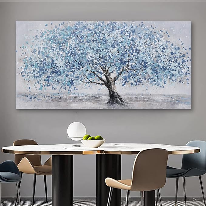 Tree of Life Wall Art Blue Tree Picture Wall Decor Artwork Framed Abstract Canvas Painting Nature Decor for Living Room Bedroom Bathroom Office Home Decor 48"x24"Can Be Hung Directly