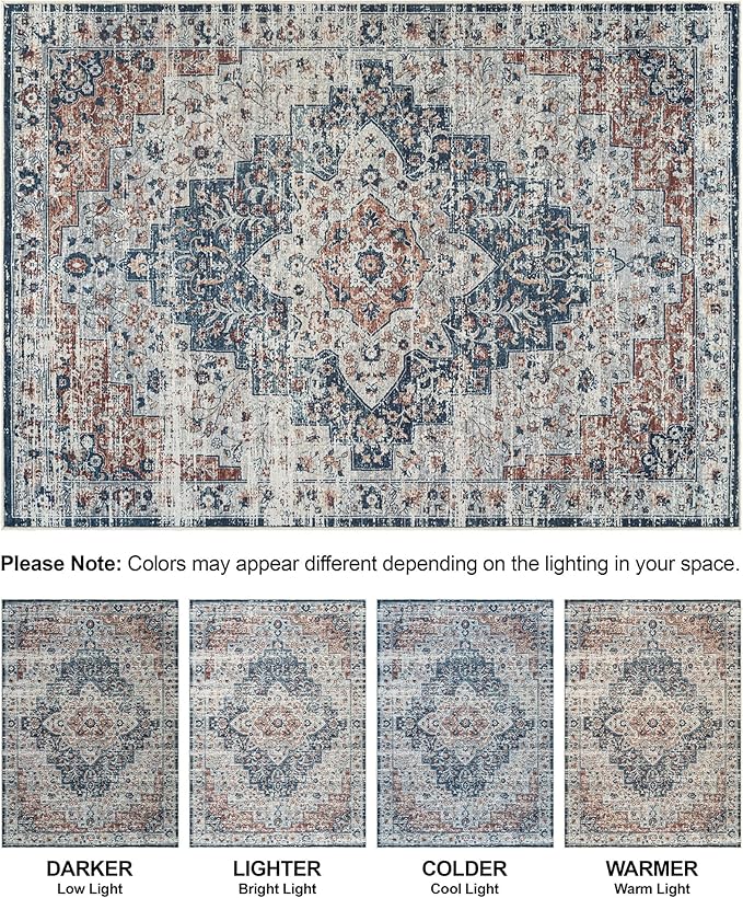Bloom Rugs Caria Washable Non-Slip 5x7 Rug - Terracotta/Teal Traditional Area Rug for Living Room, Bedroom, Dining Room, and Kitchen - Exact Size: 5' x 7'