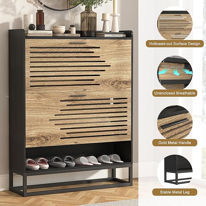 Vibe & Dine Shoe Storage Cabinet for Entryway, Narrow Shoe Cabinet with 2 Flip Drawers, Slim Shoe Rack Cabinet with Storage Shelf and Top Cubby, Modern Wall Hidden Shoe Cabinet, Black, Wide