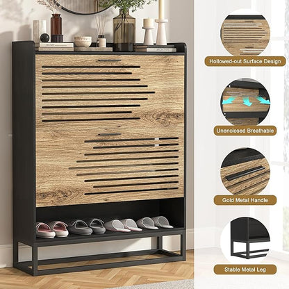 Vibe & Dine Shoe Storage Cabinet for Entryway, Narrow Shoe Cabinet with 2 Flip Drawers, Slim Shoe Rack Cabinet with Storage Shelf and Top Cubby, Modern Wall Hidden Shoe Cabinet, Black, Wide