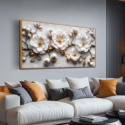 Ouzzlie White Flowers Wall Art for Living Room Floral Beautiful Pictures for Wall Nature Wall Decor Bedroom 24"x 48"