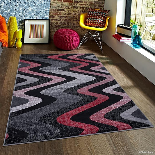 Allstar 8x10 Red and Grey Wave Pattern Modern Area Rug (7' 9" x 9' 8")