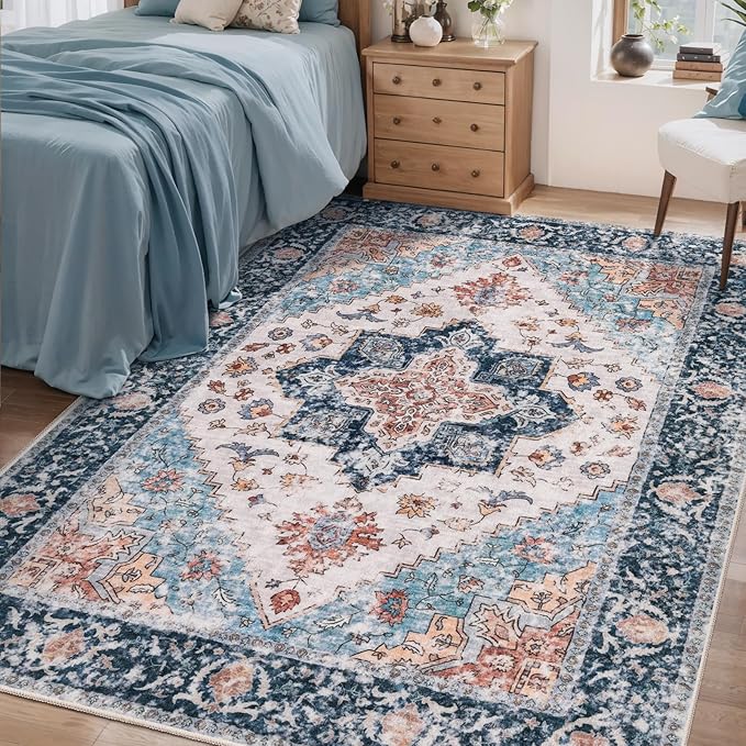 SERISSA 4x6 Boho Rug, Vintage Washable Non Slip Area Rug, Blue/Orange, 4' x 6' (Rectangular), Low Pile, Machine Made, Polyester