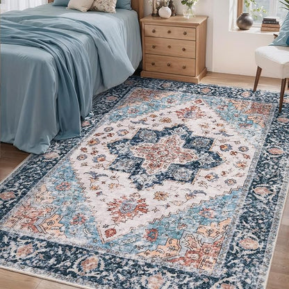 SERISSA 4x6 Boho Rug, Vintage Washable Non Slip Area Rug, Blue/Orange, 4' x 6' (Rectangular), Low Pile, Machine Made, Polyester