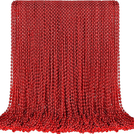 100 PCS Red Mardi Gras Beads, Red Oval Beads Necklaces Christmas Necklaces 30.5" Metallic Beaded Costume Necklaces Party Necklaces for Valentines Christmas Parade Throws Wedding Birthday Party Favors