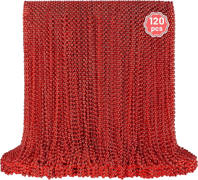 YAXINRUI 120 PCS Red Bead Necklaces, Red Mardi Gras Beads Christmas Necklace, Valentine Necklaces, 33 Inch Round Beaded Necklace for Mardi Gras Christmas Valentine Festive Events, Party Favors